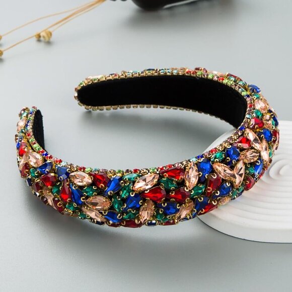 Colorful Rhinestone Sponge Headband Vintage Wide Edge Stained Glass Hair Accesso